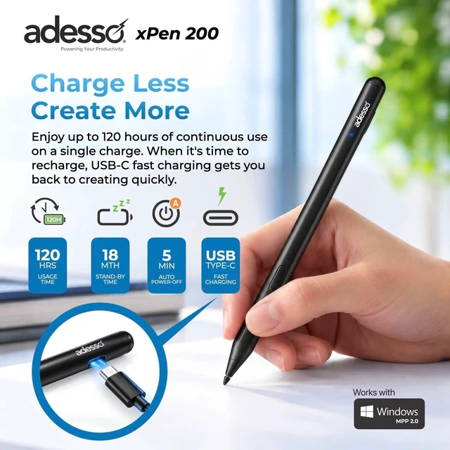 Alt view image 11 of 15 - Adesso xPen 200 Stylus Pen for Microsoft Surface Pro, HP, Dell and Lenovo 2-1 Laptops - Active - Replaceable Stylus Tip - Metal - Notebook, Touchscreen Monitor Device Supported