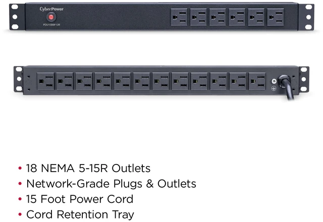 Alt view image 9 of 9 - CyberPower PDU15B6F12R Basic PDU, 100-125V/15A, 18 Outlets, 1U Rackmount