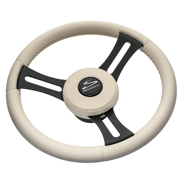Alt view image 3 of 3 - Schmitt Marine Torcello Elite 14" Wheel - Beige Leather & Cap - White Stitching - Black SS Spokes - 3/4" Tapered Shaft