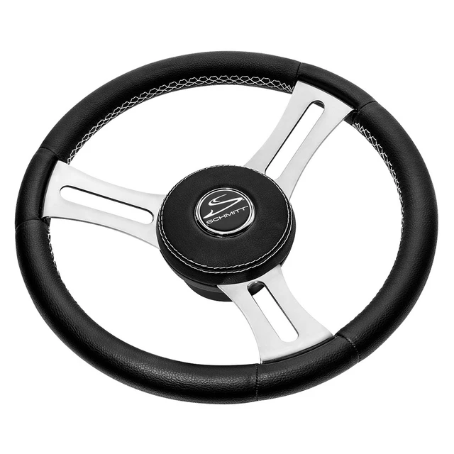 Alt view image 2 of 2 - Schmitt Marine Torcello Elite 14" Wheel - Black Leather & Cap - White Stitching - Polished SS Spokes - 3/4" Tapered Shaft