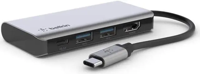 Alt view image 8 of 12 - Belkin USB-C Hub - 4-in-1 Multi-Port Adapter Laptop Docking Station with 4K HDMI, USB-C with 100 Watt Pass-Through Power Delivery, and 2 X USB-A Ports for all your devices