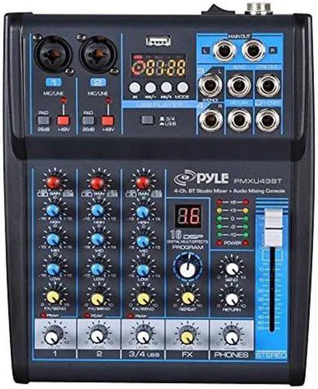 Alt view image 2 of 13 - Pyle Professional Audio Mixer Sound Board Console System Interface 4 Channel Digital USB Bluetooth MP3 Computer Input 48V Phantom Power Stereo DJ Studio Streaming FX 16-Bit DSP processor - (PMXU43BT)