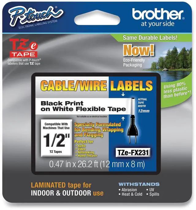 Alt view image 3 of 20 - Brother TZE-FX231 Black on White Flexible ID Tape for P-touch Label Printer, 12 mm (0.47")  x 8 m (26.20 ft.) - 1 Each