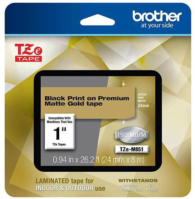 Alt view image 8 of 8 - Brother TZeM851 Black Print on Premium Matte Gold Laminated Tape for P-touch Label Maker, 24 mm (0.94") Wide x 8 m (26.20 ft.) Long