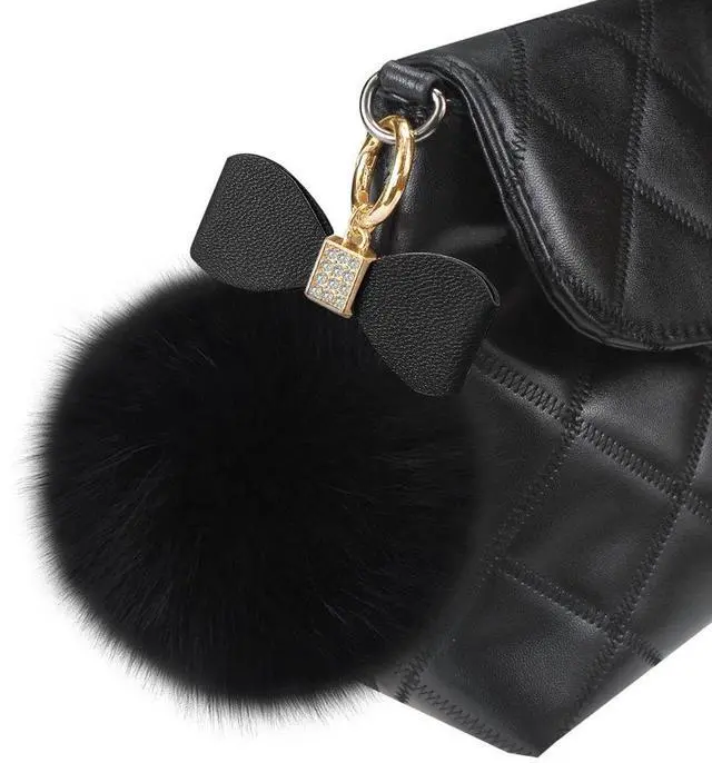 Alt view image 6 of 7 - Reiko REIKO PHONE HOLDER/ FINGER LOOP GRIP WITH RHINESTONE SOFT PUFFY FUR BALL IN BLACK