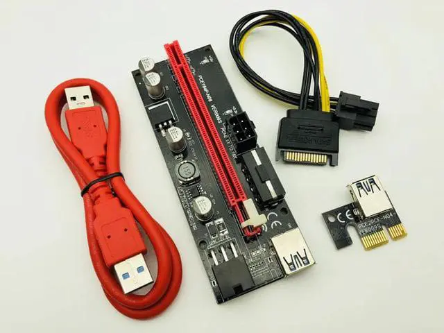 Alt view image 2 of 5 - 009S PCIE RISER 6PIN 16X Adapter with 2 LEDs Express Card Sata Power Cable and 60cm USB 3.0 Cable for BTC Miner Antminer Mining