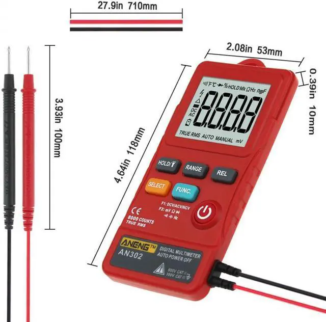 Alt view image 5 of 6 - ANENG AN302 Digital Multimeter Voltmeter 8000 Counts Ture RMS AC DC Voltage Resistance Meter - Red