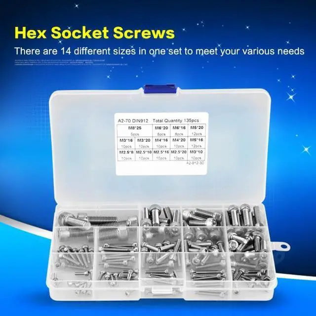 Alt view image 5 of 7 - New 135pcs Silver M2.5 M3 M4 M5 M6 M8 304 Stainless Steel Hex Socket Head Cap Screws Set 14 Different Sizes In One Set