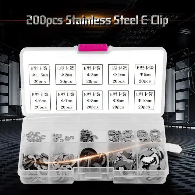 Alt view image 7 of 7 - 200pcs E-clips Retaining Ring Washer Stainless Steel Opening Snap Ring Washers Tools Assortment Kit Fastener Hardware 1.5mm-10mm