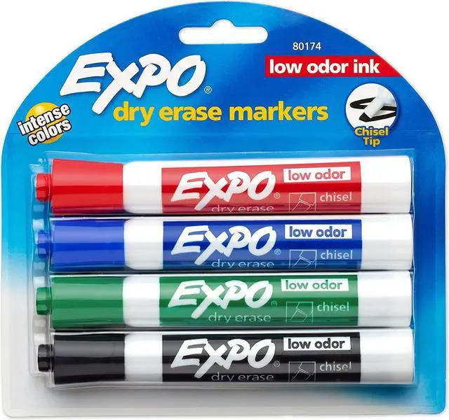 Alt view image 7 of 15 - Expo Low-Odor Dry-Erase Marker, Peggable Card, Broad Chisel Tip, 4-Pack Assorted