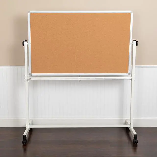 Alt view image 7 of 20 - HERCULES Series 53"W x 59"H Reversible Mobile Cork Bulletin Board and White Board with Pen Tray