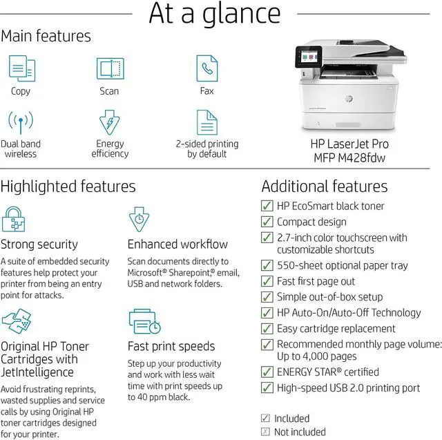 Alt view image 7 of 15 - HP LaserJet Pro Multifunction M428fdw Wireless Laser Printer, 40ppm, Print, Scan, Copy, Fax (W1A30A) , White