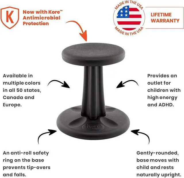 Alt view image 3 of 10 - Kore Pre-teen Wobble Chair - Age 10-11 , Grade 5-6, Black (18in) Flexible Seating Stool for Classroom, Home & School, ADD/ADHD - Made in USA