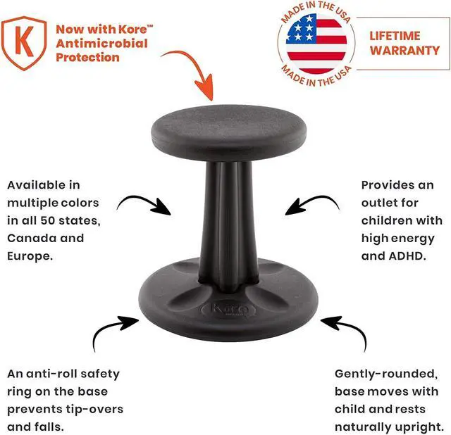 Alt view image 2 of 11 - Kore Wobble Chair - Age 6-7, Grade 1-2, Black (14in) Kids Wobble Chair - Flexible Seating Stool for Classroom & Elementary School, ADD/ADHD - Made in USA