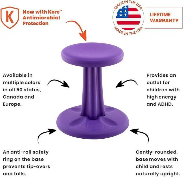 Alt view image 2 of 11 - Kore Wobble Chair - Age 6-7, Grade 1-2, Purple (14in) Kids Wobble Chair - Flexible Seating Stool for Classroom & Elementary School, ADD/ADHD - Made in USA