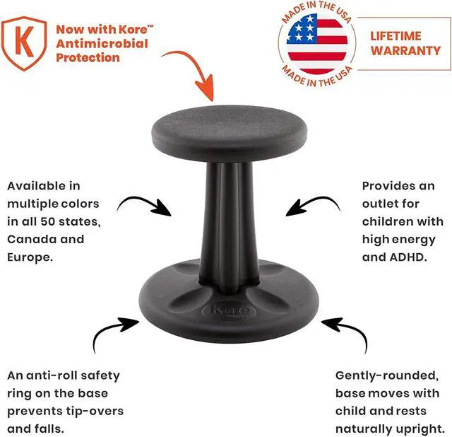 Alt view image 6 of 15 - Kore Wobble Chair - Age 8-9, Grade 3-4, Black (16in) - Flexible Seating Stool for Classroom, Elementary School, ADD/ADHD - Made in USA