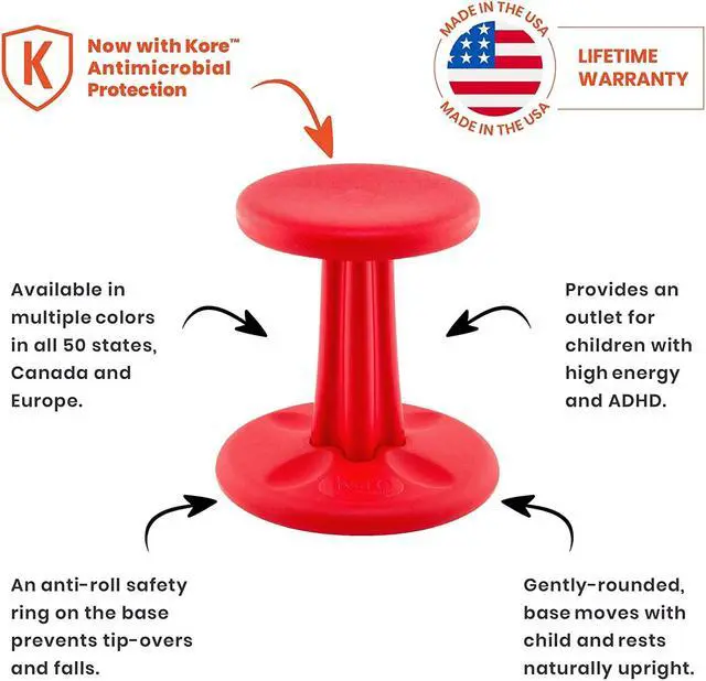 Alt view image 3 of 11 - Kore Wobble Chair - Age 8-9, Grade 3-4, Red (16in) - Flexible Seating Stool for Classroom, Elementary School, ADD/ADHD - Made in USA