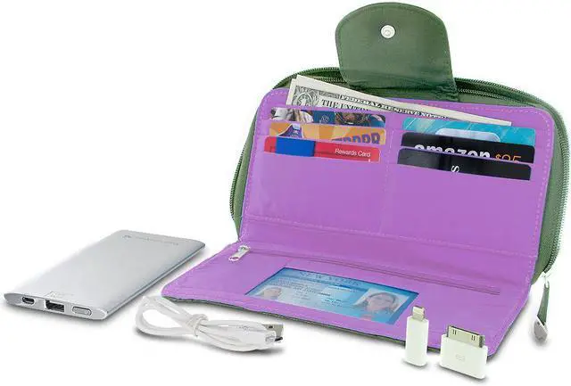 Alt view image 2 of 9 - Travelon RFID Blocking Clutch Wallet w/ 5000mAh Power Bank Battery Charger Olive