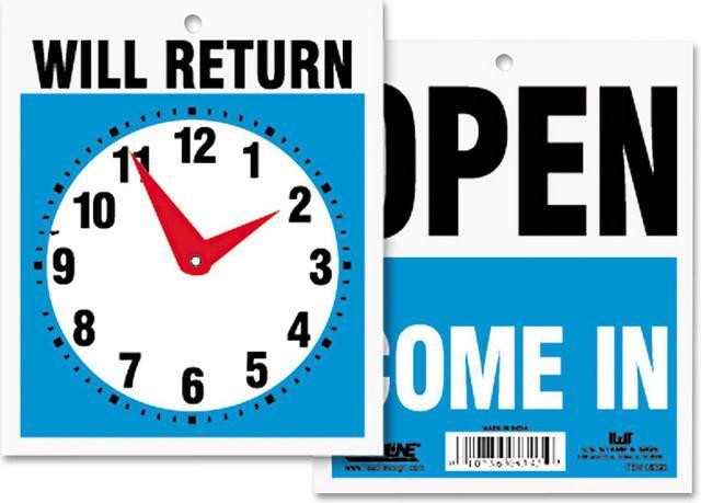 Main image of Headline Sign Double-Sided Open/Will Return Sign w/Clock Hands Plastic 7 1/2 x 9