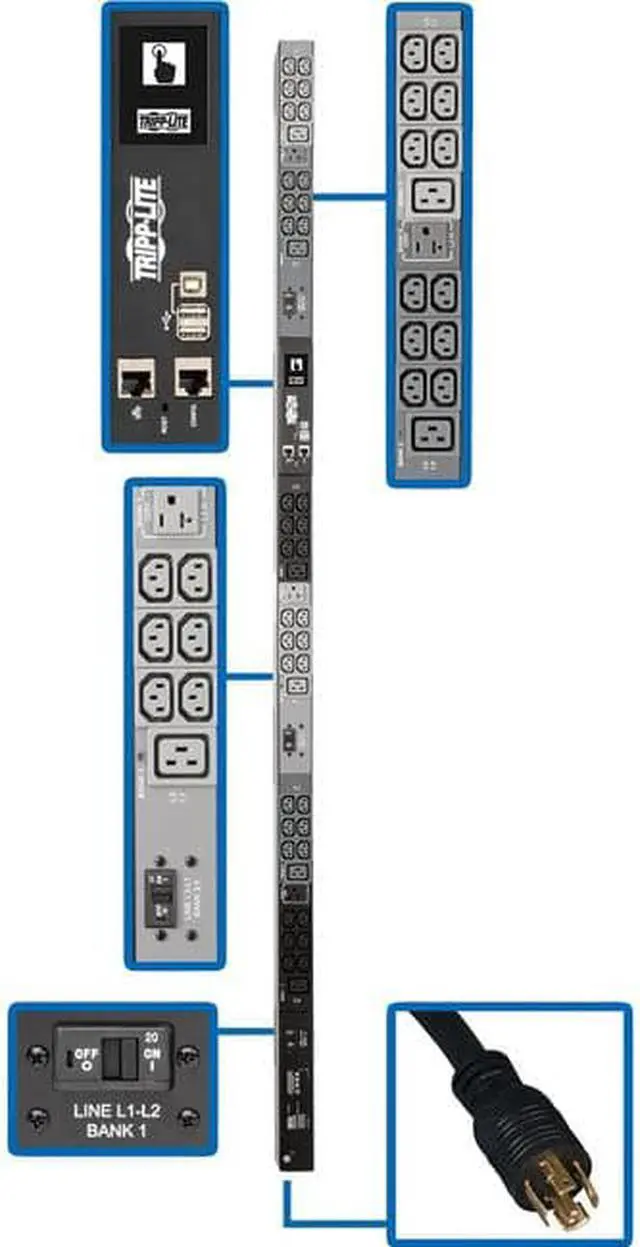 Alt view image 9 of 18 - Tripp Lite - PDU3EVN6L2130 - Tripp Lite 3-Phase PDU Monitored 8.6kW 208/120V 36 C13; 6 C19; 5-15/20R TAA - Monitored -