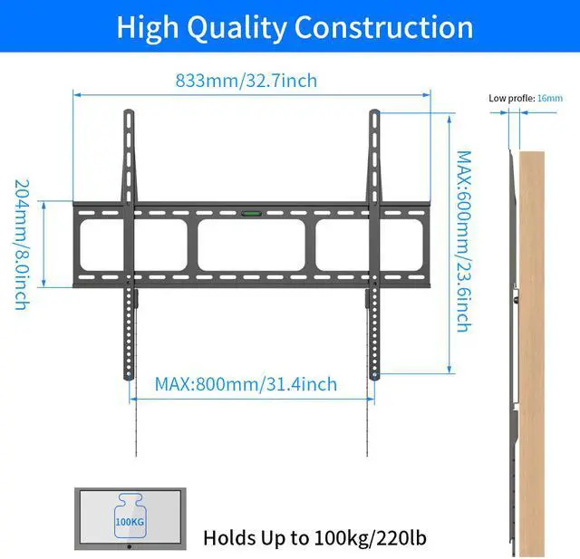 Alt view image 4 of 10 - Fixed Heavy Duty Low Profile Flat Panel Wall Mount, Max Panel Weight 60kg Designed for Most of 40-100 inch LED, LCD, OLED Flat Panels, Supports up to VESA 800x600mm BIGASSMOUNT60 Amer Mounts