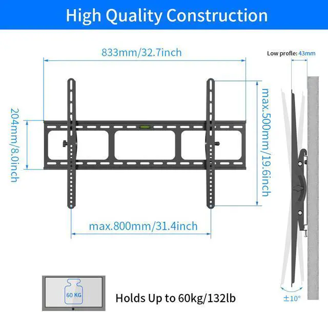 Alt view image 4 of 16 - Heavy Duty Low Profile Tilting Flat Panel Wall Mount, Max Panel Weight 60kg Designed for Most of 40-100 inch LED, LCD, OLED Flat Panels, Supports up to VESA 800x500mm BIGASSMOUNT60T Amer Mounts