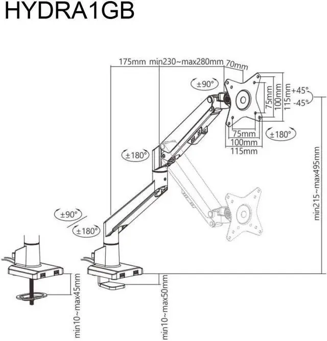 Alt view image 7 of 8 - Amer Mounts Hydralift Arm Mechanism (Black) - Single Arm Counterbalanced Articulating Monitor Mount - Clamp and Grommet Included - 9kg per display - 10YR Warranty -HYDRA1GB