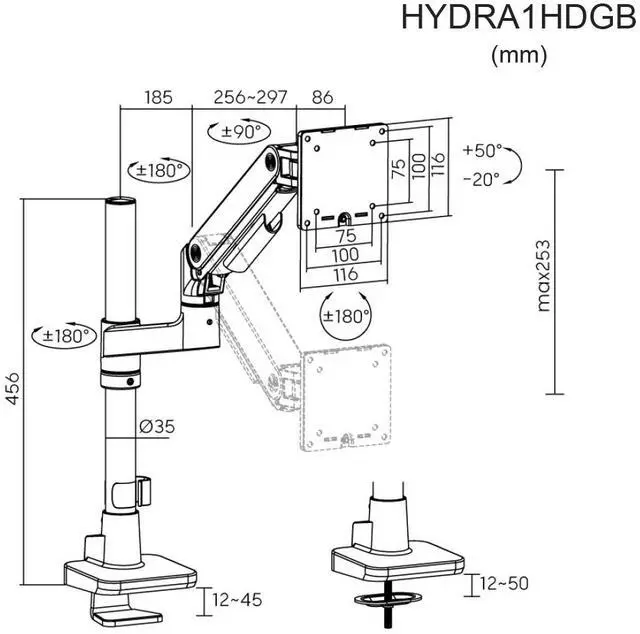 Alt view image 7 of 7 - Amer Mounts HYDRA Elite Single Monitor Arm Designed for 49" Display Max 20kg - Clamp and Grommet Base Installation Included - 10 Year Warranty - HYDRA1HDGB