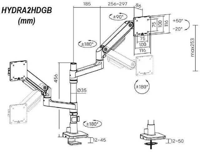 Alt view image 7 of 7 - Amer Mounts HYDRA Elite Dual Monitor Arm Designed for 49" Display Max 20kg per Screen - Clamp and Grommet Base Installation Included - 10 Year Warranty - HYDRA2HDGB
