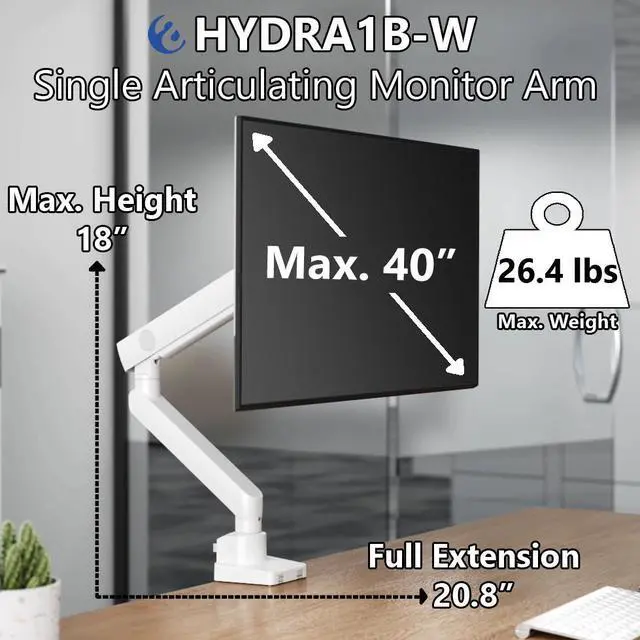 Alt view image 2 of 7 - Amer Mounts Single Articulating Heavy Duty Spring Monitor Arm For 15"-40" Monitors 12kg Max Weight per Screen - Clamp and Grommet Base Installation Included - HYDRA1B-W (WHITE)
