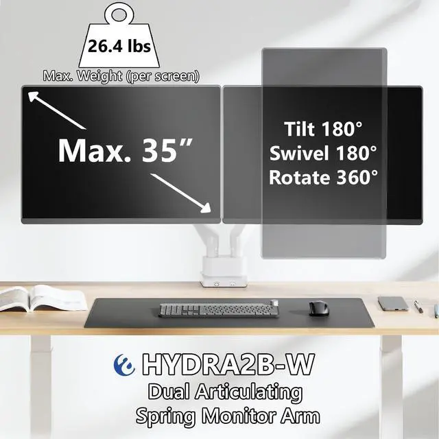 Alt view image 2 of 7 - Amer Mounts Dual Articulating Heavy Duty Spring Monitor Arm For 15"-35" Monitors 12kg Max Weight per Screen - Clamp and Grommet Base Installation Included - HYDRA2B-W (WHITE)