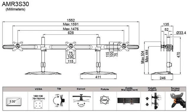 Alt view image 3 of 3 - Amer Mounts AMR3S30 | Triple 30” Monitor Mount Stand | Supports 17” - 30" Monitors