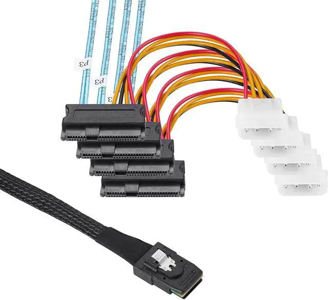 Alt view image 2 of 5 - Internal Mini SAS 36 Pin SFF-8087 to 4X 29pin SFF-8482 connectors with 4X 4Pin Power Cable 0.5M/1.6FT