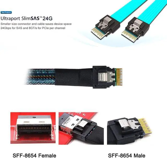 Alt view image 3 of 6 - SFF-8654 Male to SFF-8654 Male PCI-E Slimline SAS 4.0 SFF-8654 4i 38 Pin Host to SFF-8654 Slim SAS Target Cable 50cm