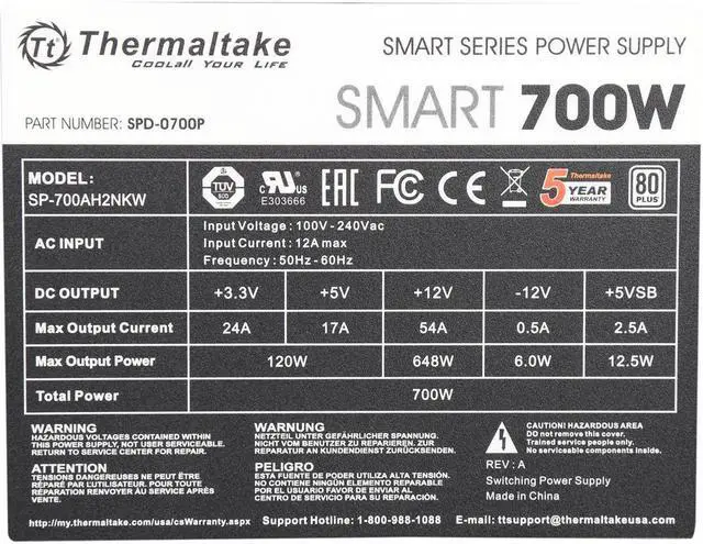 Alt view image 4 of 7 - Thermaltake Smart 700W 80+ White Certified PSU, Continuous Power with 120mm Ultra Quiet Fan, ATX 12V V2.3/EPS 12V Active PFC Power Supply PS-SPD-0700NPCWUS-W