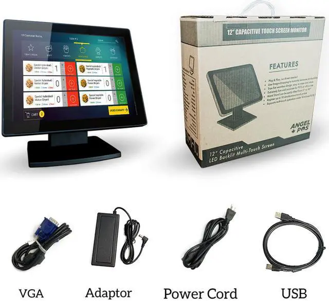 Alt view image 5 of 7 - 12-Inch Capacitive Multi-Touch POS TFT LED Touchscreen Monitor, True Flat Seamless Design with Adjustable POS Stand for Retail Restaurant, HDMI & VGA Inputs, High Resolution 1024 x 768