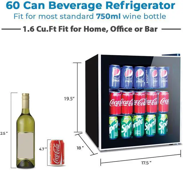 Alt view image 7 of 7 - 60 Can Beverage Refrigerator Cooler - Mini Fridge with Reversible Clear Front Glass Door for Beer Soda or Wine Drink Machine for Home, Office or Bar, 1.6cu.ft…