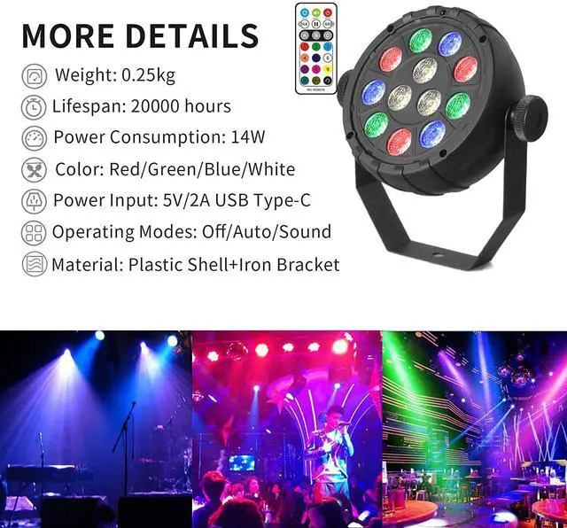Alt view image 2 of 7 - DJ Par Lights, 12 LEDs RGB Stage Light, 14W Sound Activated Party Lights Par Lighting, Wireless IR Remote Control, for Club, Weeding, Parties, Home Gathering, Festival - 4 Pack