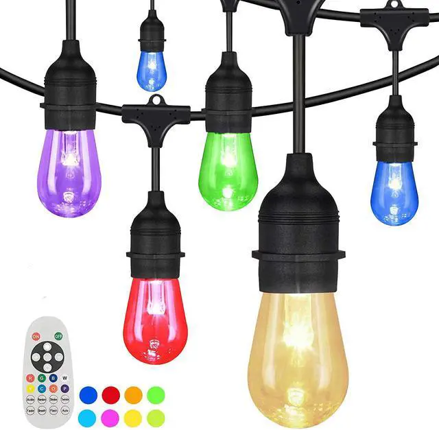 Main image of Outdoor Colored String Lights, 50Ft RGB String Light Dimmable Waterproof LED Hanging Patio Lights with 15+1 S14 Shatterproof Edison Bulbs, Remote Control, Commercial Grade