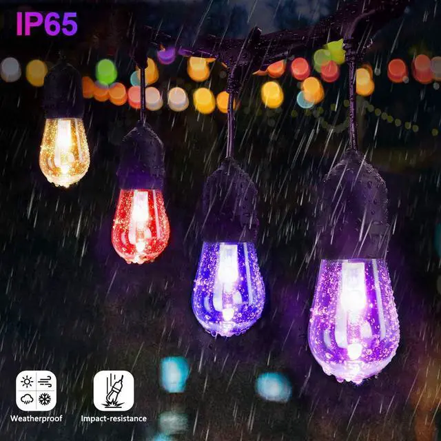 Alt view image 5 of 7 - Outdoor Colored String Lights, 50Ft RGB String Light Dimmable Waterproof LED Hanging Patio Lights with 15+1 S14 Shatterproof Edison Bulbs, Remote Control, Commercial Grade