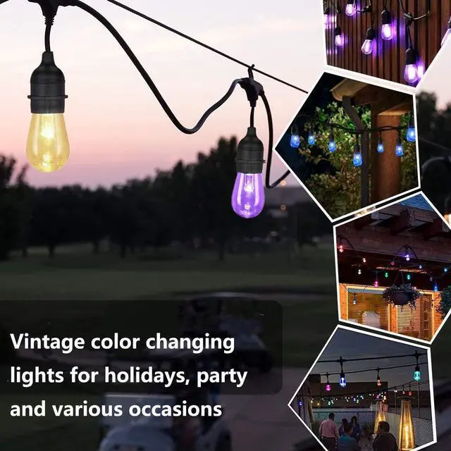 Alt view image 6 of 7 - Outdoor Colored String Lights, 50Ft RGB String Light Dimmable Waterproof LED Hanging Patio Lights with 15+1 S14 Shatterproof Edison Bulbs, Remote Control, Commercial Grade