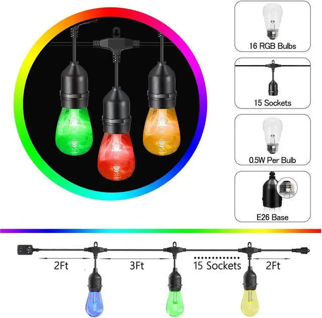 Alt view image 2 of 7 - Outdoor Colored String Lights, 50Ft RGB String Light Dimmable Waterproof LED Hanging Patio Lights with 15+1 S14 Shatterproof Edison Bulbs, Remote Control, Commercial Grade