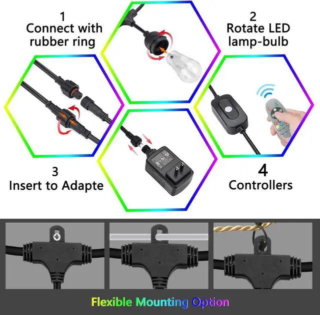 Alt view image 3 of 7 - Outdoor Colored String Lights, 50Ft RGB String Light Dimmable Waterproof LED Hanging Patio Lights with 15+1 S14 Shatterproof Edison Bulbs, Remote Control, Commercial Grade
