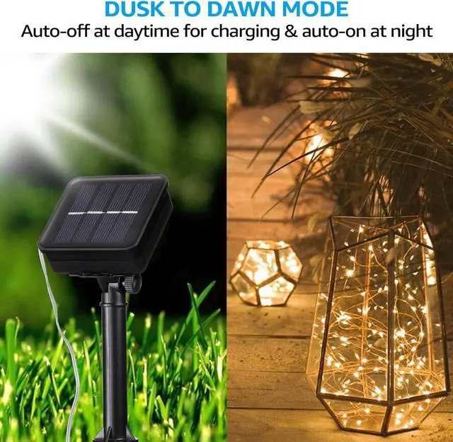 Alt view image 6 of 7 - Solar String Lights, 33ft100 LED Warm White Outdoor Copper Wire Light, 8 Modes IP65 Waterproof Fairy Lights, 600mAh Solar Powered Lights for Patio, Garden, Gate, Yard, Party, Wedding Blue