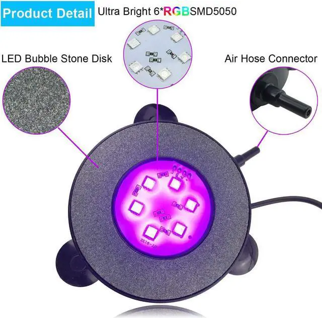 Alt view image 4 of 7 - LED Lighting Aquarium Air Stone, 3W Submersible Fish Tank Bubble Stone, RGB Color Changing Underwater Air Pump Stones