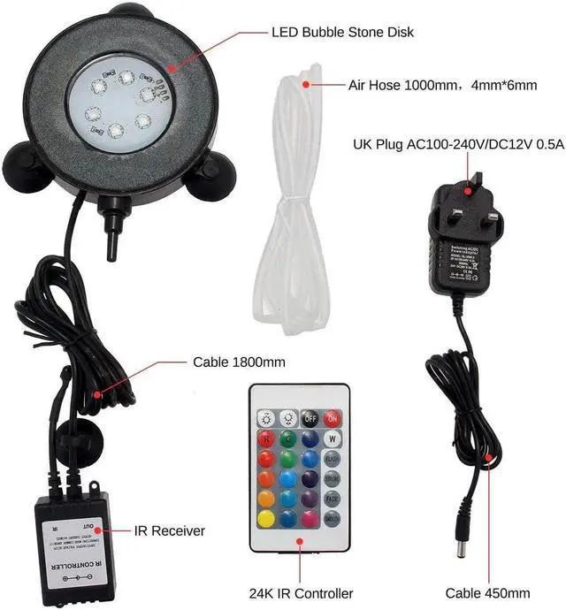 Alt view image 7 of 7 - LED Lighting Aquarium Air Stone, 3W Submersible Fish Tank Bubble Stone, RGB Color Changing Underwater Air Pump Stones