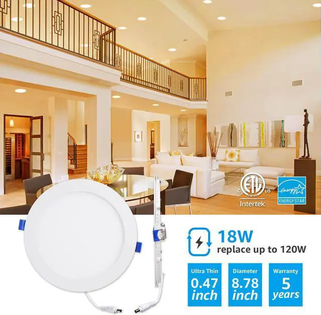 Alt view image 2 of 7 - OmaiLighting 18W 8 Inch Ultra-Thin Recessed Ceiling Light with Junction Box, 2700K Soft White, 120W Eqv. Dimmable IC-rated Downlight, 1440lm, ETL & Energy Star Certified Slim Panel Light, Pack of 6
