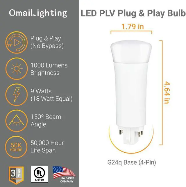 Alt view image 4 of 7 - OmaiLighting 9w led PL 4-Pin,LED PLV Plug and Play Light Bulb, 3000k, G24q Base, Ballast Dependent, CFL Replacement, UL Listed