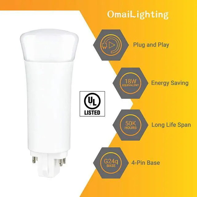 Alt view image 3 of 7 - OmaiLighting 9w led PL 4-Pin,LED PLV Plug and Play Light Bulb, 3000k, G24q Base, Ballast Dependent, CFL Replacement, UL Listed