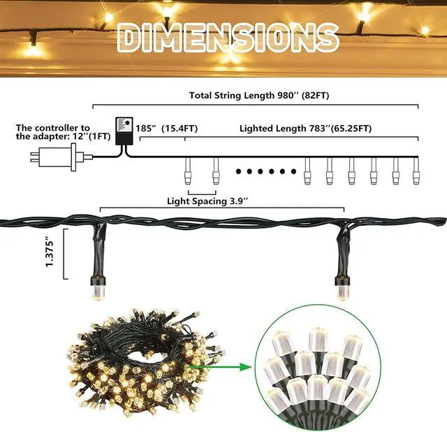 Alt view image 6 of 7 - OmaiLighting Christmas String Lights 82FT 200 LED UL Safe Certified Waterproof 9 Modes Fairy Twinkle Lights for Indoor/Outdoor Backyard,Party,Garden,Patio,Wedding,Holiday Decor (Warm White)